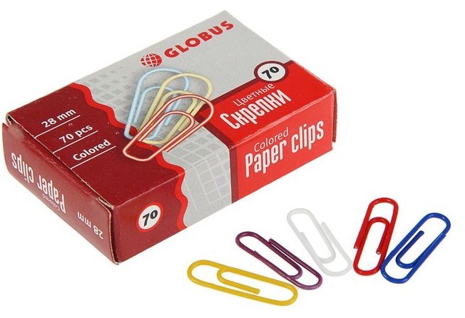 Скрепки канцелярские GLOBUS, 70 шт., 28 мм, цветные, микс 1496666 - фото 415700